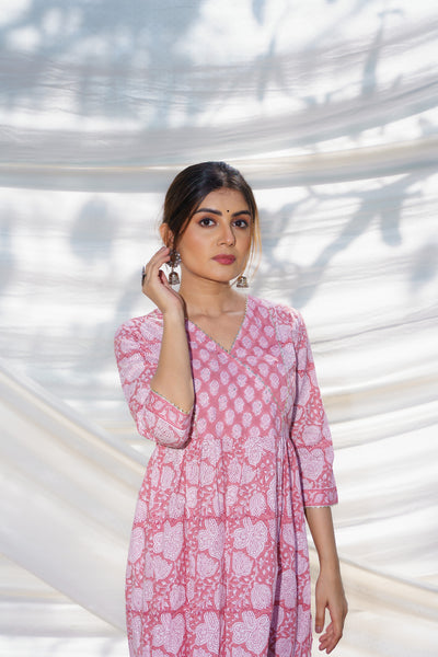 Nazakat Pink Cotton Block Print Kurta Set